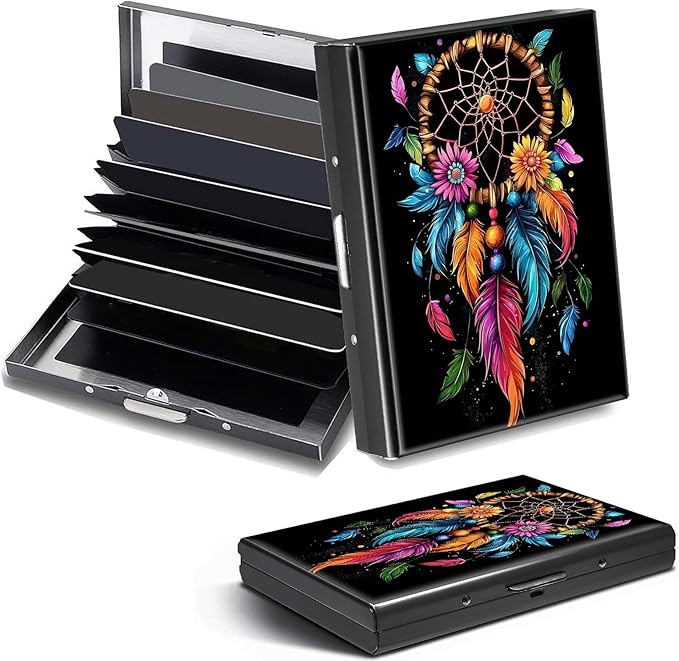Credit Card Holder, Dream Catcher Design Mini RFID Blocking Aluminum Wallet Slim Metal Hard Case Shell Travel Wallet ID Case Small Credit Cards Case Business Cards for Women Men Girls