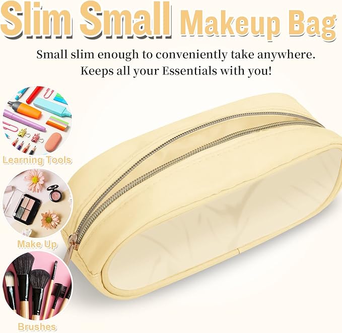 Nylon Small Clear Makeup Bag Slim Pencil Pouch, Cute Makeup Bag Preppy Cosmetic Zipper Pouch Pencil Case for Purse, Travel PVC Toiletry Bag Clutch Coin Pouch Makeup Brush Bag for Women Girls(Beige)