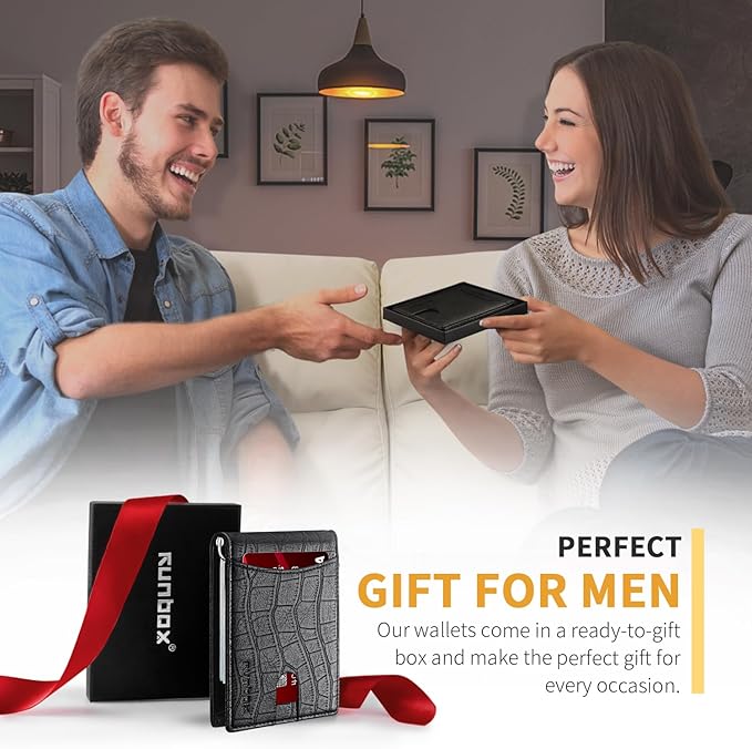 RUNBOX Slim Wallet for Men Genuine Leather RFID Blocking Bifold Minimalist Front Pocket Mens Wallet with Money Clip Thin Gift Box