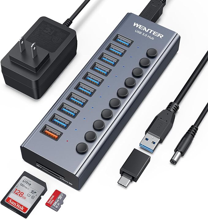 WENTER Powered USB Hub 3.0 with SD/TF Card Reader, Aluminum 10 Port Powered USB Hub (9 USB 3.0 Data Transfer Port & 1 USB Fast Charging Port Hub) USB 3.0 Hub for PC, Laptop