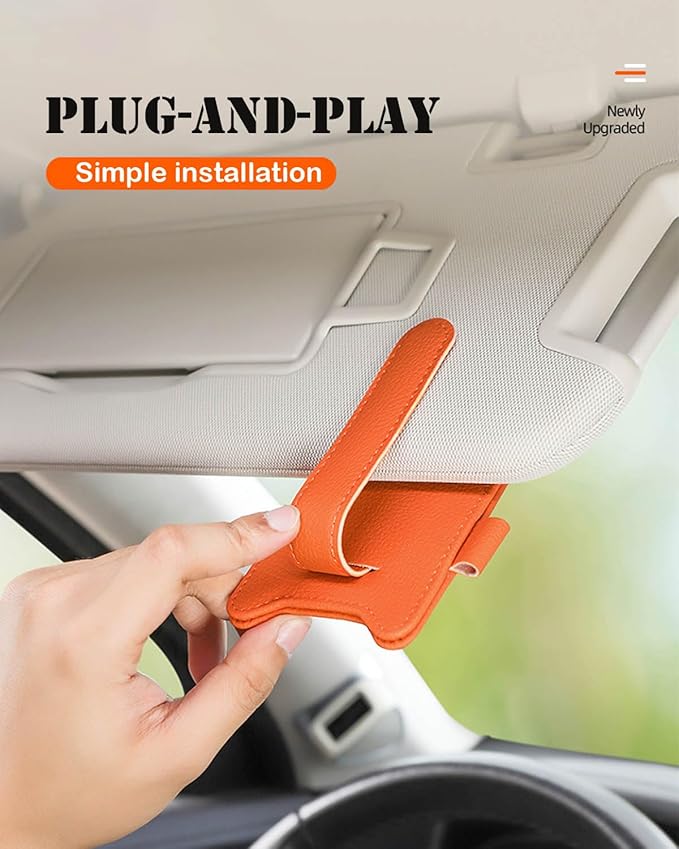 Sunglasses Holder for Car Visor, Magnetic Leather Glasses Eyeglass Clip, With Ticket and Pen Clip (Orange)