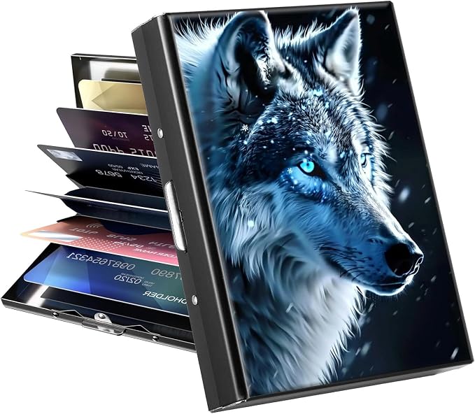 Metal Wallet, Credit Card Holder for Women Men Girls, RFID Blocking Aluminum Wallet Slim Hard Case, Mini Travel Wallet, ID Card Holder Business Card Case,Wolf