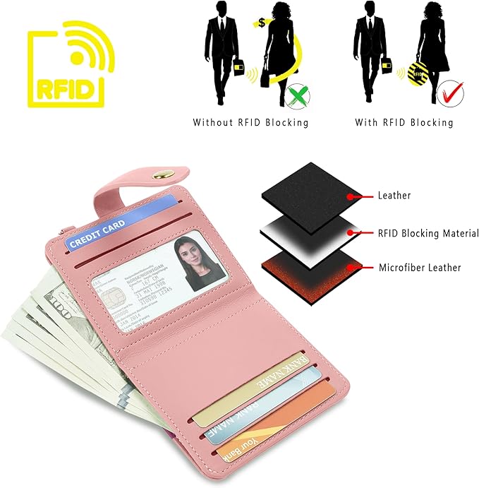 Airkit Small Wallets Woman RFID Blocking Leather Credit Card Holder - with ID Window - Card Wallets for Women - with Zipper Coin Purse - Keychain Wallet
