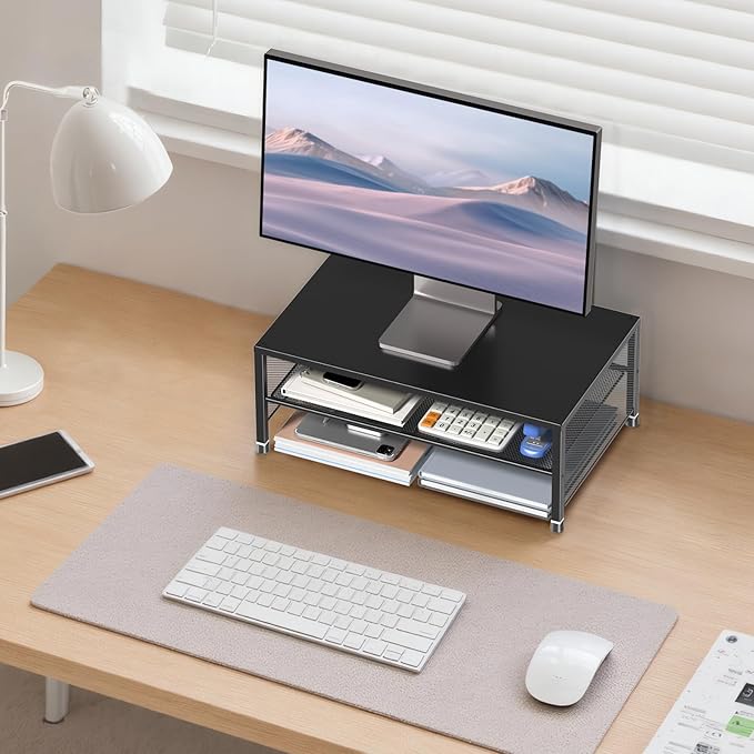 ECOLOVI 2-Tier Computer Monitor Stand Riser, Desk Organizer for Monitor, Printer & Laptop Stand, Desktop Workspace Organizers for Office Supplies(Black 2-Pack)