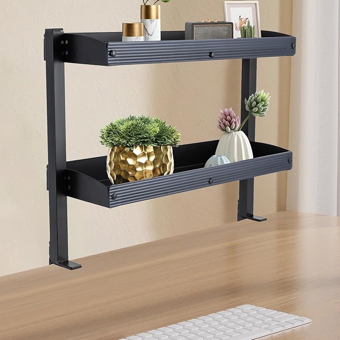2-Tier Clamp-on Desk Shelving Unit, Adjustable Metal Storage Tray Desk Shelf, Space-Saving Desktop Organizer for Gaming Devices, Office Supplies and Dresser Top Storage, Ideal for Office, Study
