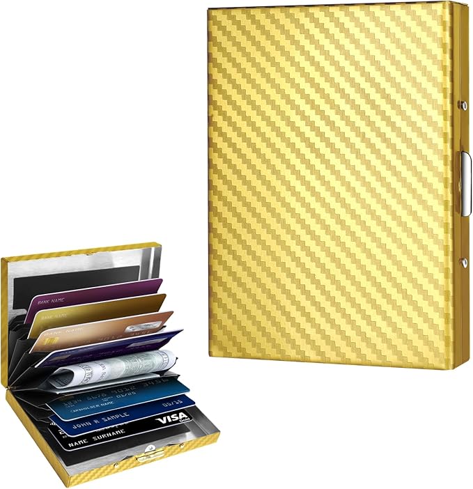 Textured Stainless Steel RFID Card Holder – Anti-Slip Etched Metal Credit Card Case with Unique Chevron Pattern – Slim Wallet for Men & Women (Gold Finish)