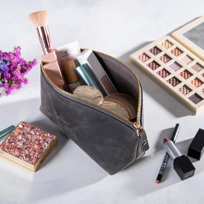 Blade Premium Personalized Genuine Leather Cosmetic Makeup Bag - Wedding Gift for Bridesmaid, Travel Organizer Clutch for Women with Zipper Pouch for Toiletry Essentials (Gray)