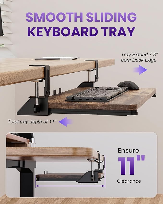 Ergonomic Mouse & Keyboard Tray Under Desk, Pull Out with Adjustable C-clamp, 20 (25.9 Including Clamps) x 11.8 Inch Slide Out Computer Keyboard Drawer Mouse Tray for Typing, Rustic Brown