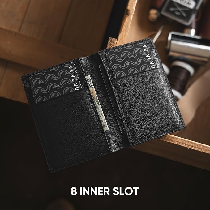 VULKIT Bifold Front Pocket Slim Wallet RFID Blocking Minimalist Thin Genuine Leather Credit Card Holder Wallet for Men and Women Litchi Black