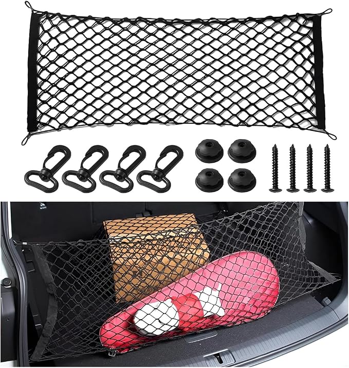 Stretchable Cargo Net, 35.4"×15.7" Adjustable Elastic Trunk Bed Storage Organizer Net with Hooks, Heavy Duty Automotive Luggage Rear Cargo Mesh Universal for Most Vehicles