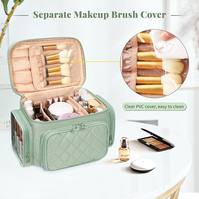 Bagmoly Large Makeup Bag, Portable Travel Makeup Bag Organizer for Women Girls with Makeup Brush Compartment & Two Side Pockets, Cosmetic Travel Bag Vertical Storage Toiletry - Green