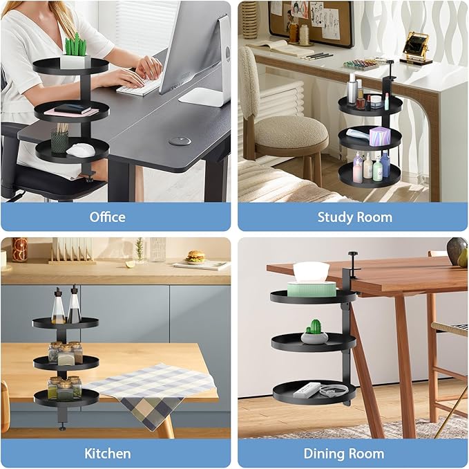 Swivel Clamp On Desk Shelf with 9.8in Adjustable Metal Storage Tray Above or Under Desk Storage 3-Tier Desk Extension Shelving Unit No Drilling Desktop Shelves for Max Desktop Thickness 2.4in