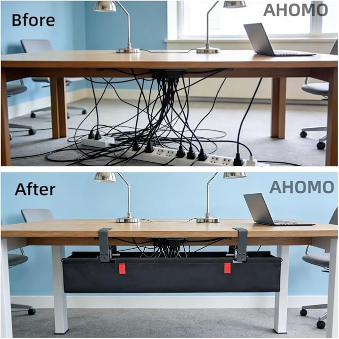 [Upgraded] Under Desk Cable Management, 28" Cord Organizer,with Silicone Pads (No Scratch!),16 Cable Ties, Washable PE Honeycomb Base,Fits Any Desk 0-2.1",No Stinky Cardboard! Black 28"L x 6.0"W