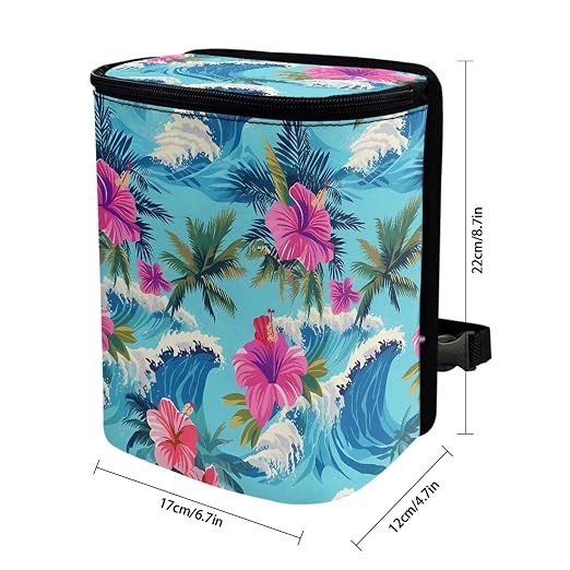 Biyejit Hawaiian Hibiscus Car Trash Can, Adjustable Straps Hanging Storage Organizer Bag, Collapsible Multipurpose Garbage Bin Bag for Car Accessories