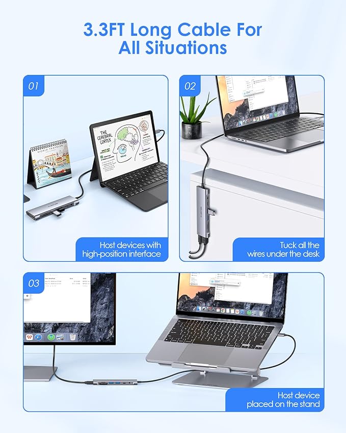 LENTION 8-in-1 USB C Hub, Docking Station with 3.3FT Long Cable, 4K HDMI, USB A&C, SD/TF Card Reader, Aux, 100W PD Charging, for MacBook Pro/Air, Dell, HP, Chromebook, Steam Deck (C37-1M, Space Gray)