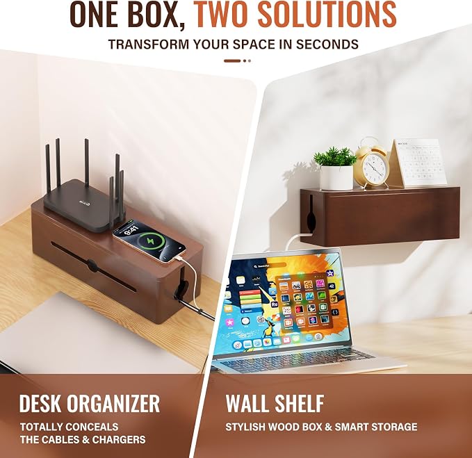 Cinati Large Cable Management Box, 15.8" Wooden Cable Organizer for Floor Wires Storage, Wall Mount Cord Hider Box for Electrical Cord Management, Power Strip Wire Organization for Desktop Home Office