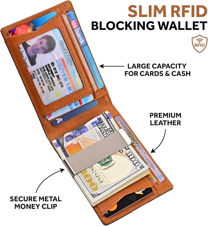 kinzd Slim Wallet with Money Clip RFID Blocking Minimalist Bifold Wallet for Men Genuine Leather Front Pocket Card Holder