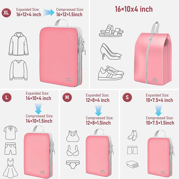 5 Set Packing Cubes For Travel Essentials, Luggage Packing Organization Cubes Suitcase Organizer Bags Set For Luggage Travel Packing Cubes For Suitcases Durable (5 Pcs, Pink)