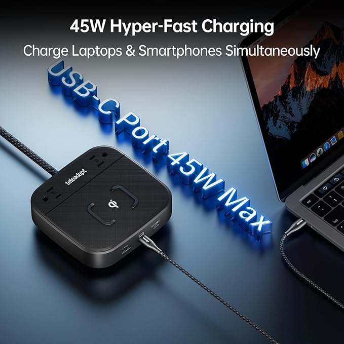 GaN Multi Charging Station 67W, 6-in-1 iPhone Charger Station with USB Ports, Wireless Charging, 2× AC Outlets, Desktop/Bedside/Nightstand Power Station, Hotel-Grade Design, Black