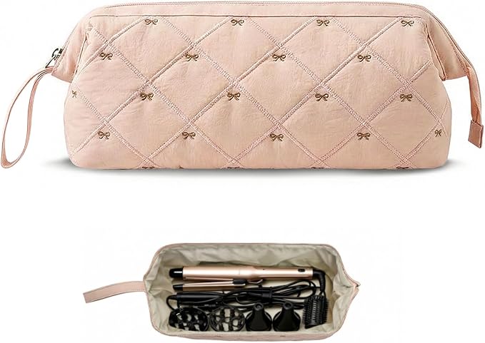 Stratalife Quilted Hair Tools Travel Bag with Polishing Cloth Compatible with Dyson Airwrap Shark Flex Style, Portable Toiletry Bag Hair Dryer Curling Iron Carrying Case Travel Essentials Pink Bow