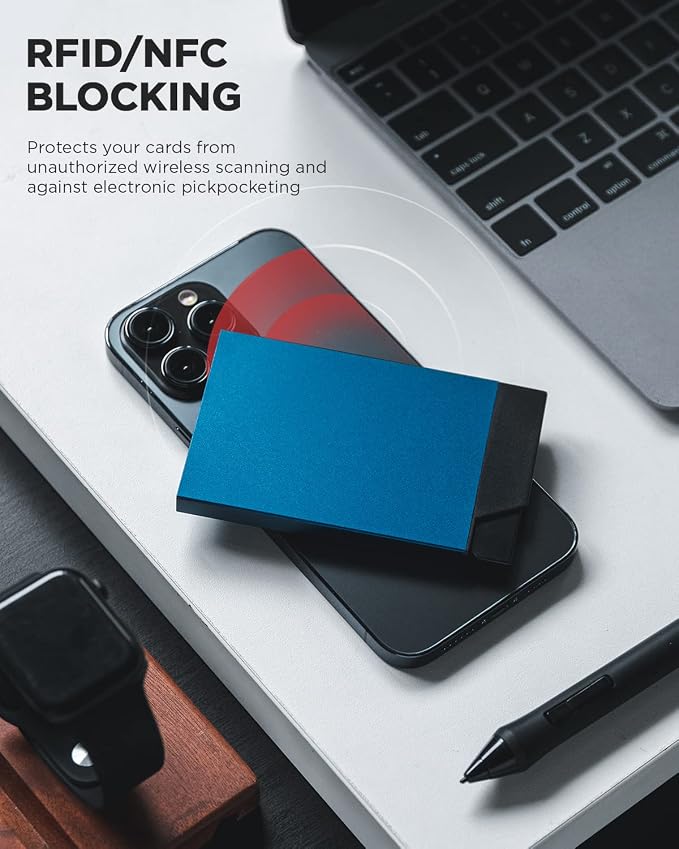 VULKIT Pop up Card Holder Minimalist Credit Card Holder RFID Blocking Slim Metal Card Case for Men or Women(Navy)