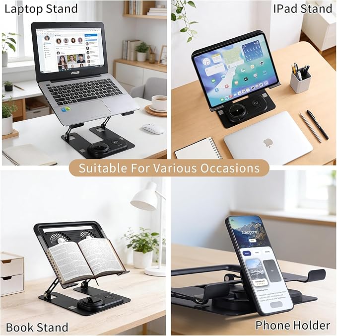 Laptop Stand with 3 in 1 Wireless Charging Station,Laptop Phone Stand with 2 Removable Silent Fans,Adjustable Height and Angle,Sturdy and Portable,Laptop Cooling Pad for 10-15.6 Inch Laptop.