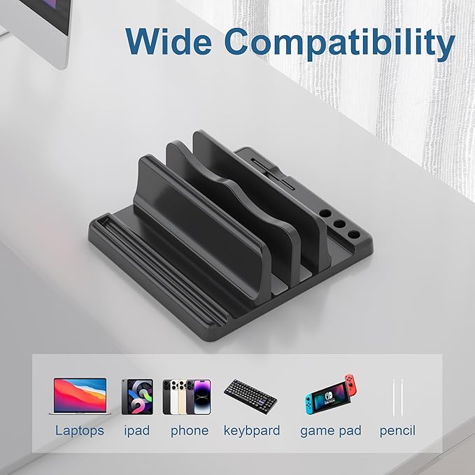Vertical Laptop Stand Holder - Adjustable ABS Plastic Laptop Holder Vertical, Space-Saving 4 in 1 Compatible with All MacBook Pro Air, Mac, HP, Dell, Microsoft Surface (Black)