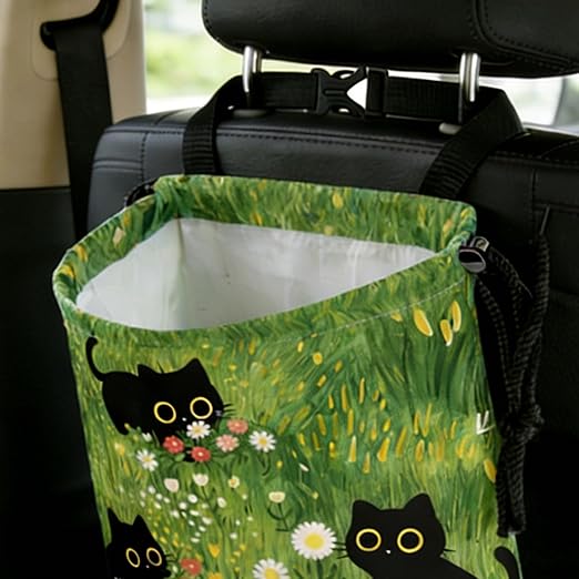 Cute Black Cat Car Trash Bag - Waterproof Car Trash Bag Hanging Leakproof Car Garbage Bag - Washable Reusable Trash Bag for Car Interior Hanging Organizer Storage Vehicle Travelling Camping