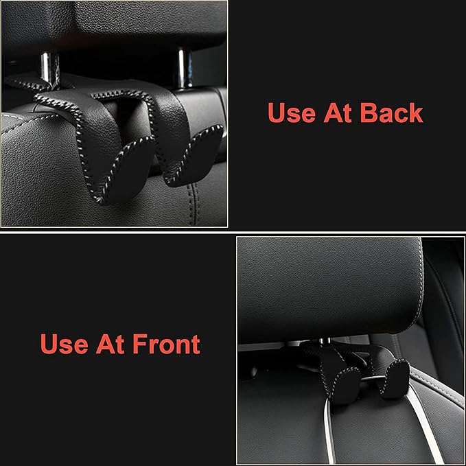 AMVOYOA Car Purse Hook, 2 in 1 Car Seat Headrest Hooks Durable Hanger Storage Holder Leather Organizer for Hanging Grocery Bags, 2 Pack, Brown
