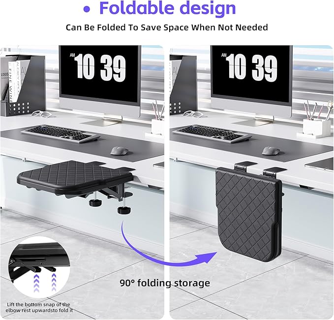 Arm Rest for Desk, 90°Foldable Computer Wrist Rest Shelf with Sponge Padding, Clamp on Arm Support, Ergonomic Sturdy Desk Extender for Office & Home, Durable & Easy to Install (All Black)