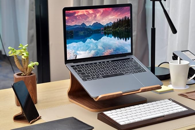 SAMDI Laptop Stand Wood, Wooden Cooling Computer Holder, Notebooks Desktop Mount for MacBook Air, Pro 13 15, iPad Pro 12.9, Dell XPS, Surface, Chromebook 11 to 17 (Walnut)
