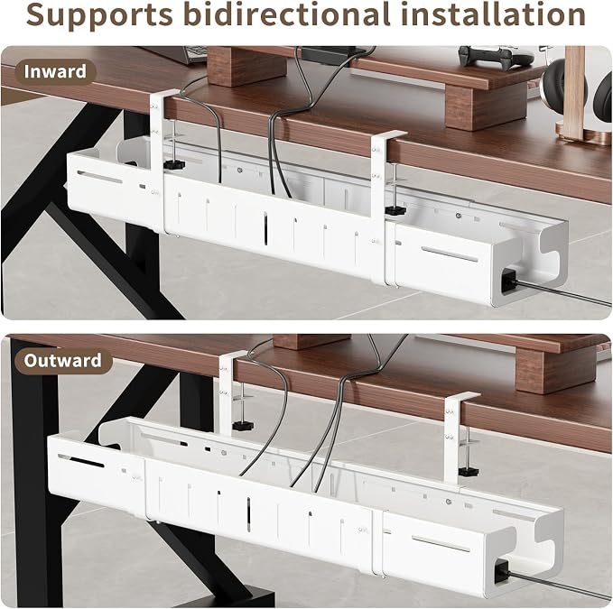 Under Desk Cable Management Tray, Expandable 25.2"–38.6" Heavy Duty Carbon Steel with Clamp, Hidden Cord Organizer for Desk, Home Office & Standing Desk, No Drill Installation, White