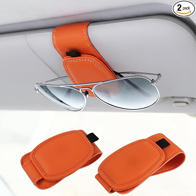 Visor Sunglasses Holder Clip for Car, Magnetic Leather Clip for Car Visor, Universal Glasses Organizer 2 Pack, Orange