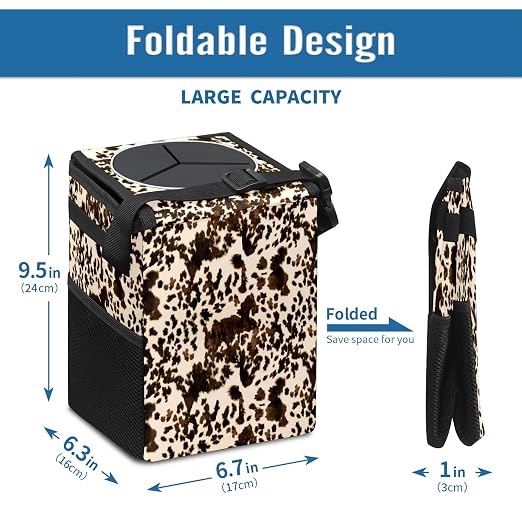 Brown Western Cow Print Car Trash Can with Lid - Collapsible Reusable Waterproof Automotive Garbage Can