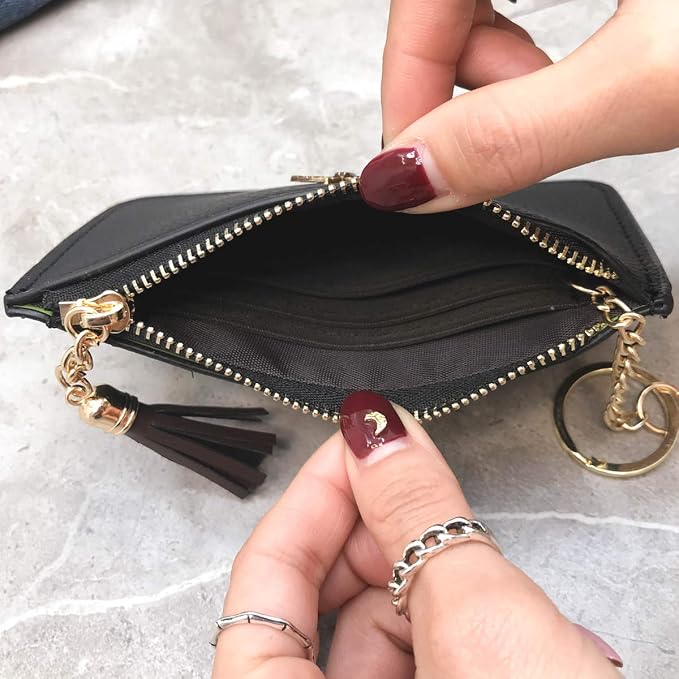 Women's Coin Purse Change Wallet Pouch Leather Card Holder with Key Chain Tassel Zip (CH Army Green)