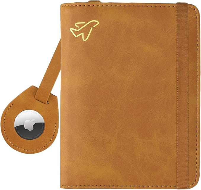 WALNEW AirTag Passport Holder and Vaccine Card Holder Combo, RFID Blocking Travel Passport Wallet with Vaccine Card Protector Slot and Airtag Protective Case(Brown)