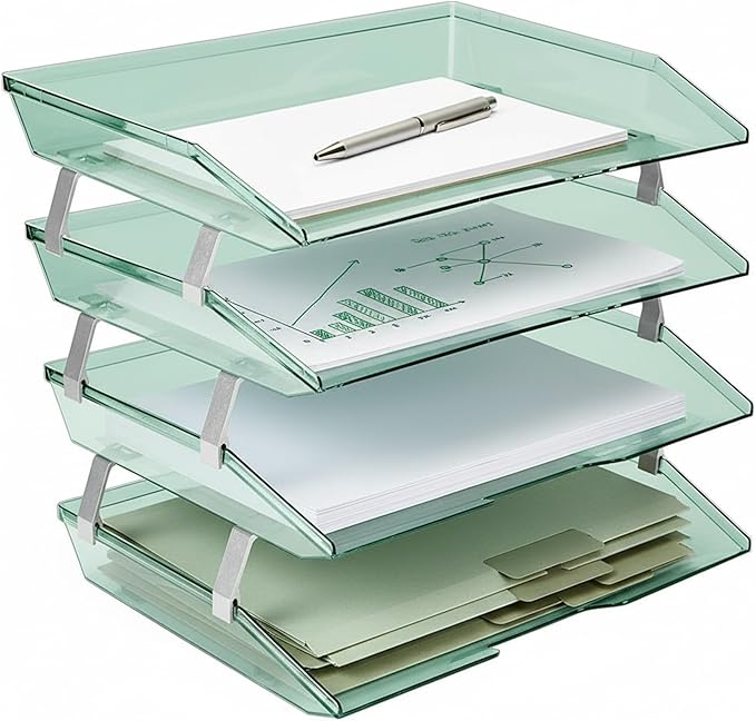 Acrimet 4 Tier Paper Letter Tray Side Load Letter Size, Office Desk File Document Organizer Plastic (Clear Green)