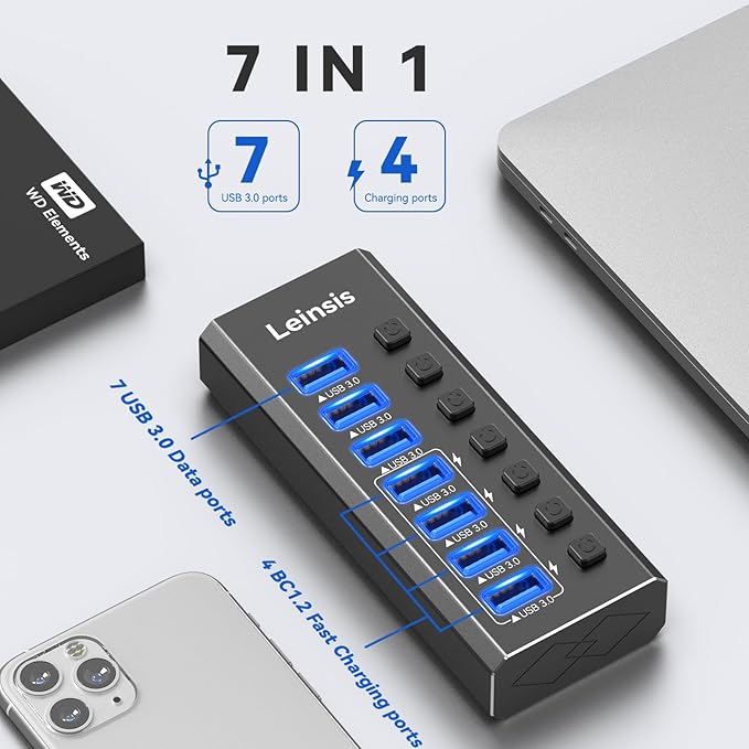 Powered USB Hub 3.0, Leinsis 7-Port USB 3.0 Hub [Durable Aluminum] 7 Data Transfer Ports+ 4 Smart Charging Ports with Individual On/Off Switches, USB Hub 3.0 Powered with Power Adapter for Laptop PC