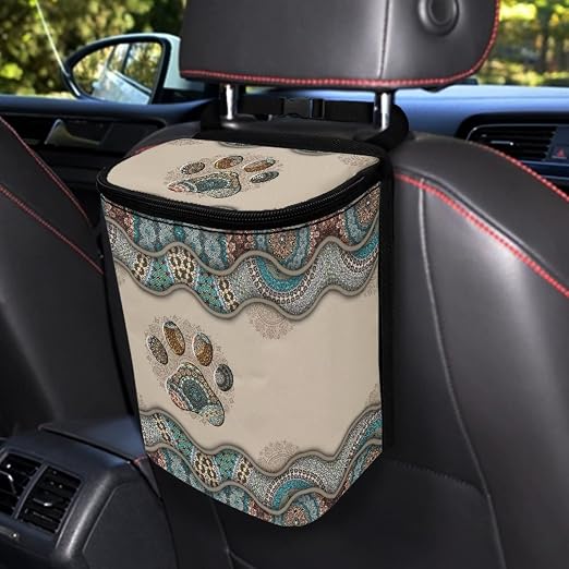 Talayituse Boho Paws Print Car Trash Can with Lid, Leak Proof Auto Trash Bag Hanging Vehicle Garbage Can Multipurpose Storage Container for Back Seat Road Trip