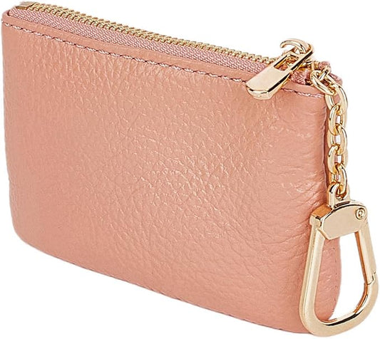 Full Grain Leather Coin Purse with Key Chain - Small Change Purse Keychain Card Holder Keychain Pouch Small Keychain Wallet for Women and Men (Pink)
