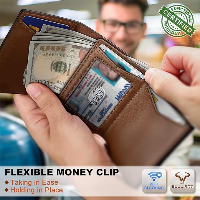 BULLIANT Men Wallet Leather Wallet Card Holders Money Clip for Men 10Cards-Magnetic Flip on Metal Case