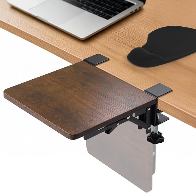 Ergonomics Foldable Desk Extender Tray with a Mouse Pad, 9"x9" Elbow Arm Rest with Clamp On Desktop Mount, 90° Foldable Armrest Support for Home and Office Use, Rustic Brown