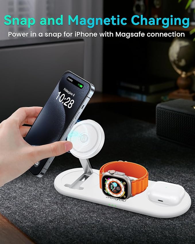 JARGOU Foldable 3 in 1 Wireless Charging Station for Apple with Magsafe Charger Stand, Fast Magnetic Wireless Charger for iPhone 17 Air 16 15 14 13 12, for iWatch, for AirPods (White)