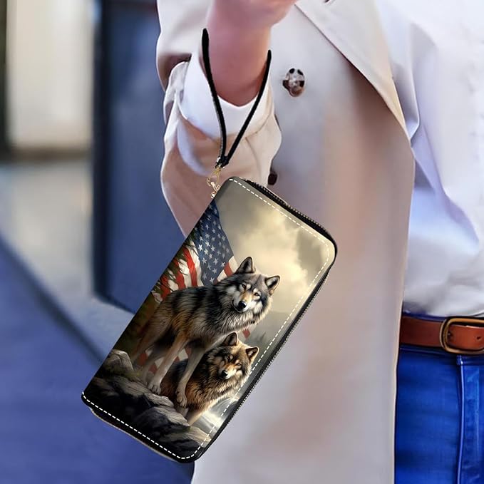 Women's Large Capacity Wallet PU Leather Zip Around Clutch Purse Multifunctional Wallet with Removable Wristlet Strap for Smart Phone/Coin/Card/Cash - American Flag Wolf