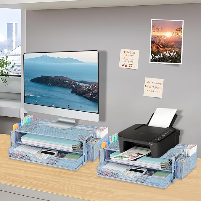 AUPSEN Computer Monitor Stands Riserï¼?-Tier Desk Organizers and Accessories, Office Desk Accessories Organizer with Drawers and 2 Pen Holder for Office Supplies (Blue)
