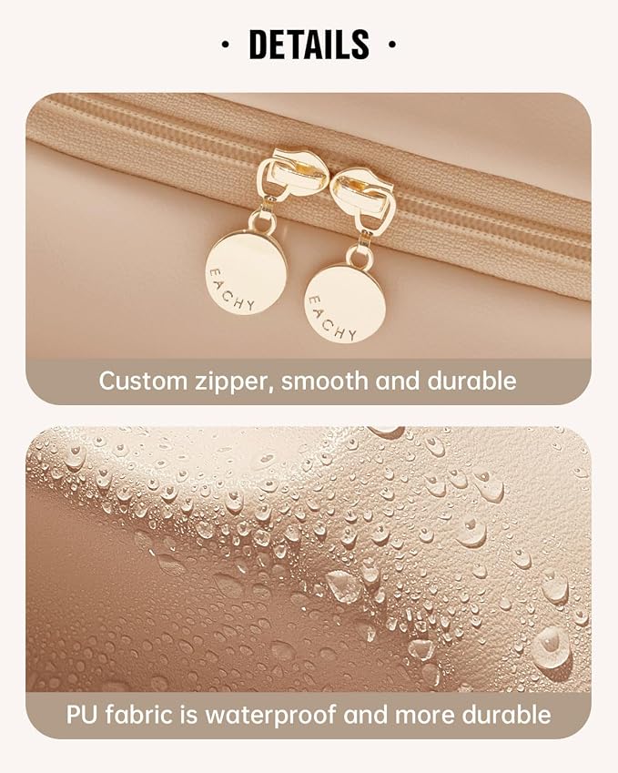 EACHY Travel Makeup Bag, Large Capacity Cosmetic Bag for Women, Waterproof PU Leather, Flat Open Portable Toiletry Bag for Skincare, Brushes & Travel Essentials