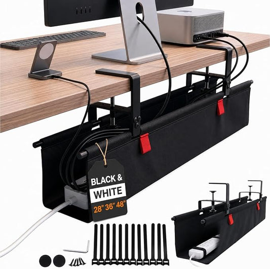 Under Desk Cable Management Tray 28" — No Drill Clamp-On Cord Organizer for Desk with Built-in Ties, Heavy Duty Metal Clamp, Foldable 600D Oxford Fabric for Home Office, WFH & Gaming PC Setup (Black)