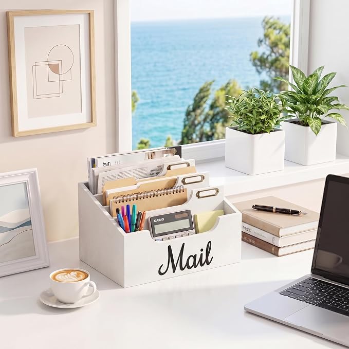 Rustic Wood Mail Organizer Countertop with 4 Slots, Black Mail Holder for Desk, Removable Dividers Mail Sorter, Letter Bill File Organizer for Home Office Classroom, Desktop Organizer with Free Labels