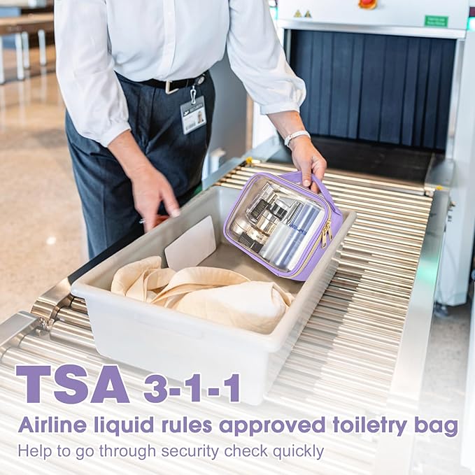 Wedama TSA Approved Toiletry Bag, 2 Pack Clear Makeup Bags with Handles, Quart Size PVC Clear Cosmetic Bags for Women and Men, Carry on Airport Airline Compliant Bag, Purple