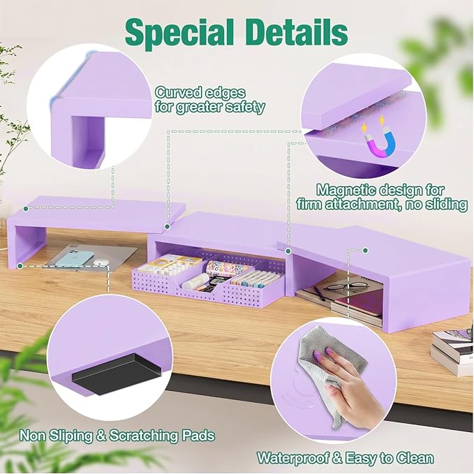 OPNICE Dual Computer Monitor Stand Riser with Drawer, Workspace Desk Organizer, Office Supplies Desk Accessories for Women, Purple